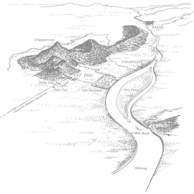 Fig.  1  :  zone archéologique de Vat Phu, vue du sud (dessin, © Pierre Pichard). 