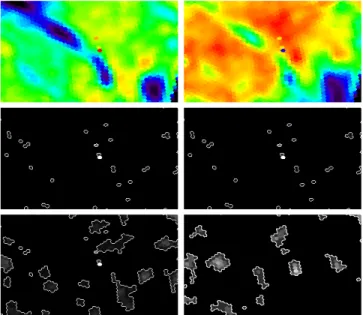 Fig. 2. Peak detection using top-hat on the H (left) and V (right) polarization data. Top: original images (contrast stretched)