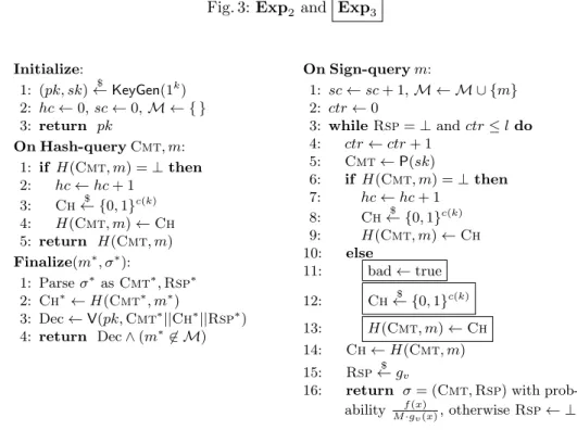 Fig. 3: Exp 2 and Exp 3 Initialize: 1: (pk, sk) ←$ KeyGen(1 k ) 2: hc ← 0, sc ← 0, M ← { } 3: return pk On Hash-query Cmt , m: 1: if H ( Cmt , m) = ⊥ then 2: hc ← hc + 1 3: Ch ← {0,$ 1} c(k) 4: H( Cmt , m) ← Ch 5: return H ( Cmt , m) Finalize(m ∗ , σ ∗ ): 