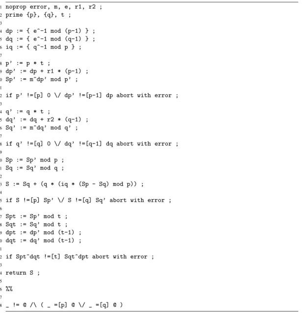 Figure 4: finja code for the Aum ¨uller et al. CRT-RSA computation.