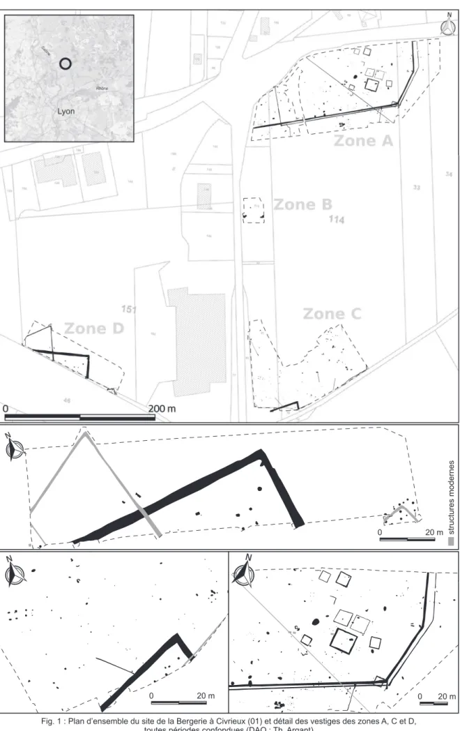 Fig. 1 : Plan d’ensemble du site de la Bergerie à civrieux (01) et détail des vestiges des zones A, c et d,  toutes périodes confondues (dAo : th