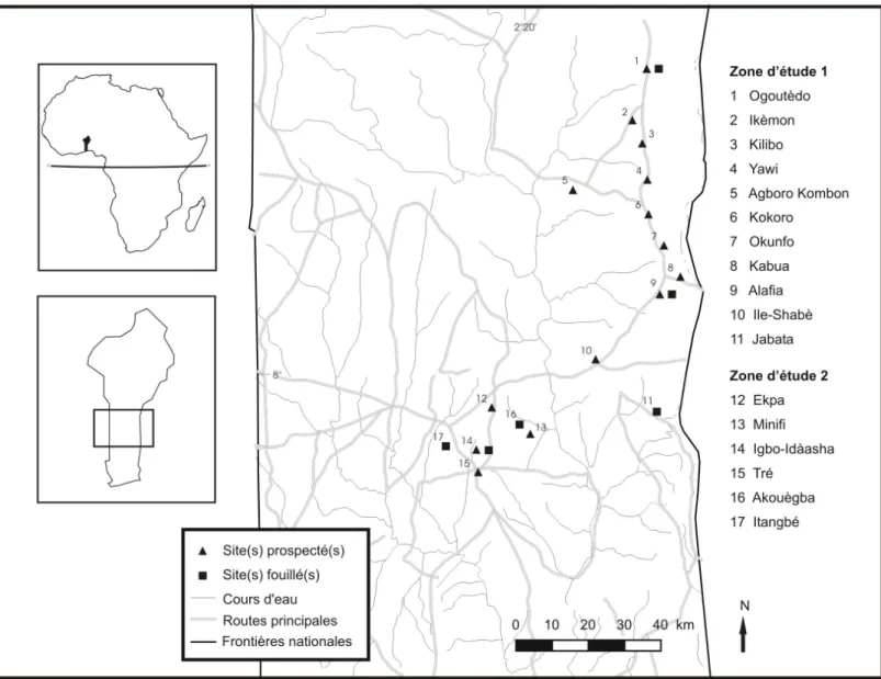 Figure 1: Localisation des sites prospectés et fouillés en pays Shabè et Idàáshà.