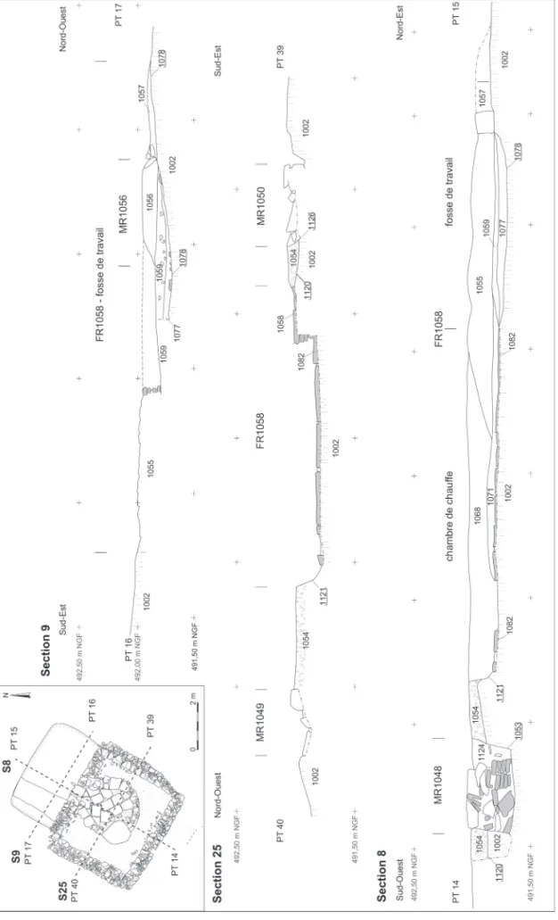 Fig. 232 – Sections réalisées dans le four : FR, four ; MR, mur (DAO : Z. Lecat, Hadès).