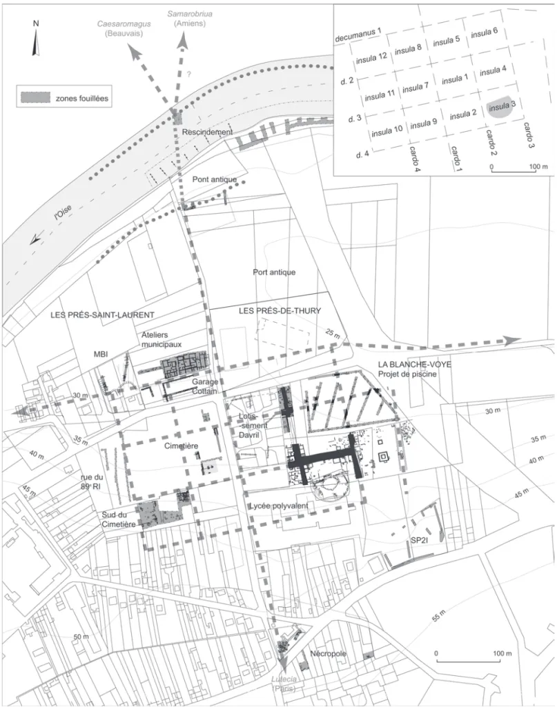 Fig. 117 – Plan général de l’agglomération antique de Beaumont-sur-Oise (relevé 2000 : F. Jobic et D. Vermeersch ; DAO : L. Costa, C. Kolhmayer,   Service départemental d’archéologie du Val-d’Oise ; relevé et DAO 2010 : A