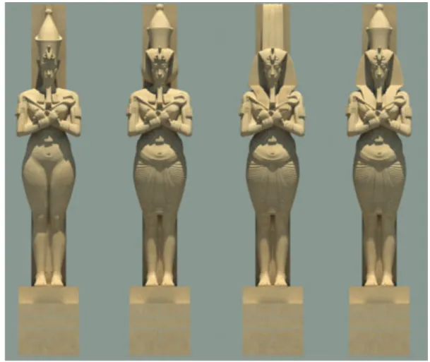 Fig. 3 : Reconstitution 3D de plusieurs des colosses d’Amenhotep IV – Akhenaton et Nefertiti  à Karnak-est © Archéovision