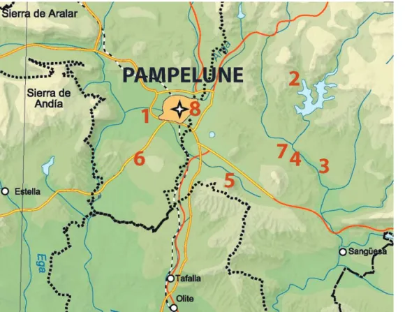 Fig. 1 ‒ Carte de repérage des châteaux palais autour de Pampelune : 1. Arazuri ; 2. Arce ; 3