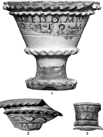 Fig. 11 – Fragments de brûle-parfums à inscription de Dalheim :   1, 2, fragments trouvés au  xix e  siècle ; 3, fragment découvert en  2009 dans les fouilles des thermes (cliché : © MNHA, Luxembourg).