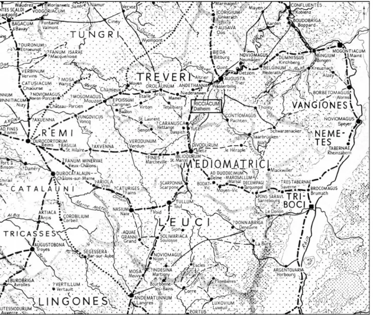 Fig. 1 – Carte du nord-est de la Gaule avec la localisation du vicus de Dalheim (d’après Wightman, 1985, p