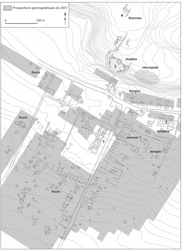 Fig. 2 – Plan général du vicus de Dalheim avec la localisation des fouilles récentes : 1, quartier commercial et  résidentiel (1976-1986) ; 2, aire des temples (1986-1998) ; 3, théâtre (1985, 1999-2003, 2007) ; 4, thermes  (2003-2004, 2008-2009) (d’après H