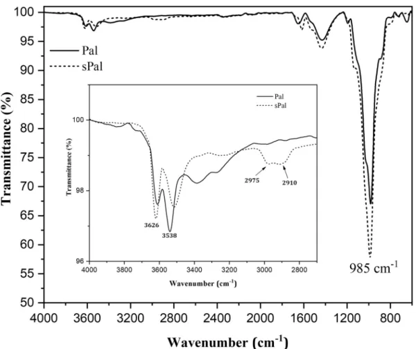 Fig. 1. FT-IR spectra of palygorskite before and after organo-silane treatment.