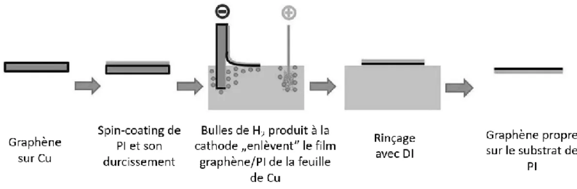 Figure 4. Schéma du délaminage direct du graphène sur un substrat de polyimide. Adapté  avec  permission  de  [27]
