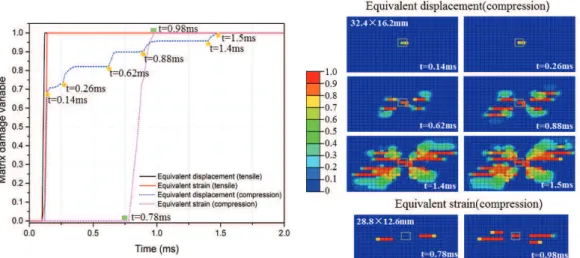 Fig. 11. Comparison of matrix damage variable profile (obtained from element at the  center of back side for tensile damage, element at the center of impact side for  compression damage) and matrix compression damage contours for models with 