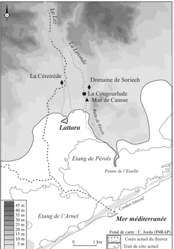 Fig. 3 : Carte de détail de la basse-vallée du Lez durant l’âge du Fer.