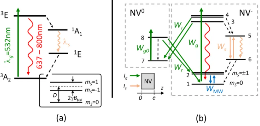 Fig. 1. Energy diagram of the NV center. (a) Level scheme of the NV − center. As shown in the insert, the ground state 3 A 2 is split into m S = 0 and m S = ±1 sublevels due to spin-spin interaction and an external magnetic field applied to the NV center l