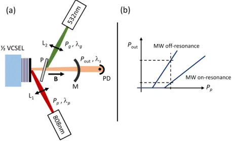 Fig. 2. (a) Hybrid magnetometer architecture combining a half-VCSEL, a diamond thin plate (P) highly doped with NV centers, and an output coupling mirror (M)