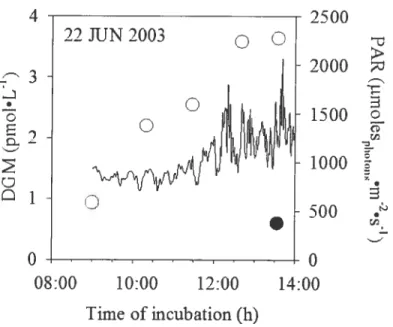 Figure 2.7. Time series of VMS concentrations in pond water over Urne of exposure to the sun and in the dark on June 22 2003.