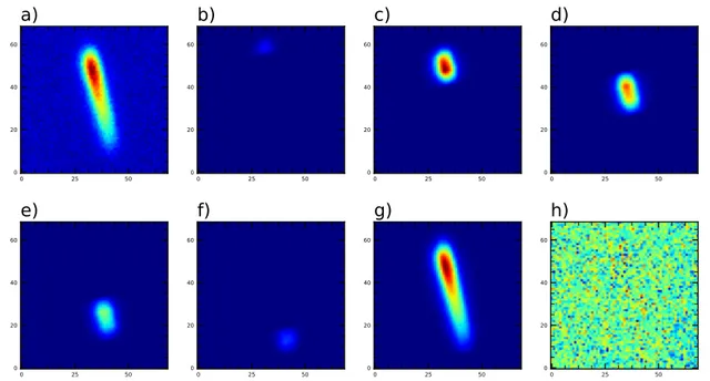 Fig. 3.7. Reconstruction of spectroscopic PSF for 5 spectral bins. Panel a) depicts the original background subtracted exposure