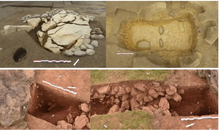Fig. 2 –  Fosses sous dalle mégalithique dans l’ouest des Pyrénées : en haut : CM10, vue oblique avant fouille et vue zénitale après  fouille (clichés : R