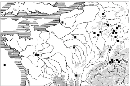 Fig. 1.  Les objets du type Černjahov en Gaule du Nord et de l’Est. 1. Baudemont ; 2. An- An-gers ; 3