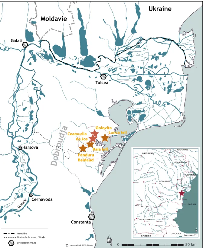 Figure 1. Carte générale de sites néolithiques et chalcolithiques étudiés dans l’arrondissement de Baia dans le cadre de la „mission  archéologique Danube” et de l’IRP franco-roumain GOCHE © L