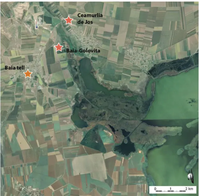 Figure 2. Position des sites fouillés par Dumitru Berciu sur fonds de carte actuel de la bordure de la lagune Razim.