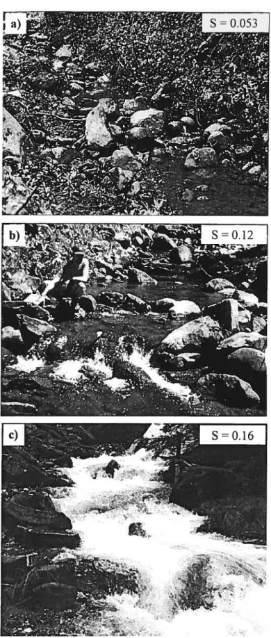 Figure 1.2. Représentation de step-pools ayant différen tes pentes: a) Cold Creek, Santa Monica Mountain, États-Unis (Chin, 1 999a), b) South Fork Mashel River, Cascade Range, Etats-Unis (MacFarlane et Wohl, 2003), et c) Rio Cordon, Dolomites, Italie (Comi
