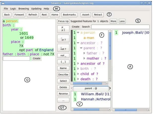 Figure 2 A screenshot of the user interface of Sewelis. It shows the selection of “persons born in 1601 or 1649 somewhere in England, and whose father was born at another place”.