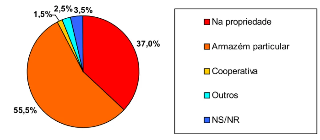 Gráfico 10 – Total de armazenamento 37,0% 55,5% 1,5% 2,5% 3,5% Na propriedade Armazém particularCooperativaOutros NS/NR