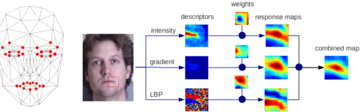 Figure 1: (a) The Candide-3 model with facial points in our method. (b) The way to compute the response map at the mouth corner using three descriptors via SVM weights.