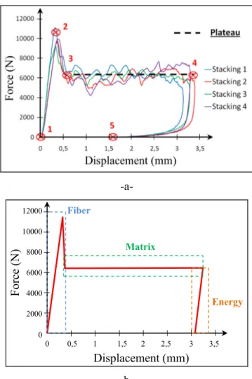 Fig. 4. Stacking 3 kink bands: SEM cut section after 10 J impact (a) and stacking 4 impact: X-rays after 20 J impact.