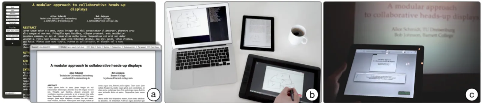 Figure 1: Sample uses of Webstrates: (a) Collaborative document authoring with different editors personalized at run-time; (b) Multiple devices used to sketch a figure (tablet 1), see it in a print preview (tablet 2), and adjust it in a graphics editor (la