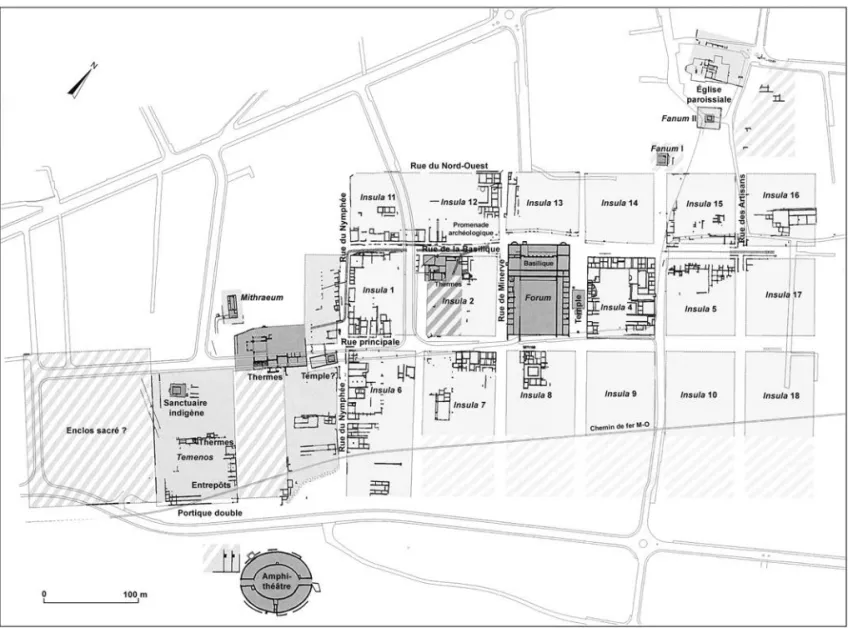 Fig. 143 – Plan de l’agglomération antique de Martigny (canton du Valais, Suisse)   (relevé : C.-E. Bettex, archéologie cantonale Martigny ; Wiblé, 2008, p. 85, fig. 90).
