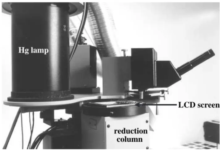Figure 3: Microdisplay mounted on the photorepeater. The SLM module is positioned using a specially adapted mount on the top of the reduction column such that the LC plane is in the same optical plane as a standard photolithographic reticle.
