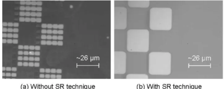 Figure 6: Comparison between etched patterns (a) without and (b) with the SR technique.