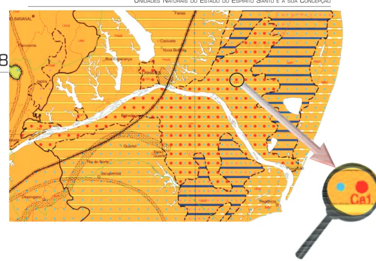 Figura 4 – Trecho do mapa das Unidades Naturais próximo à foz do Rio Doce, mostrando no nível de Província de Terras quentes, planas, transição chuvosa/seca, férteis, enxutas e sob unidade de mapeamento de solos Ce1 (letras diminutas em vermelho) que foram