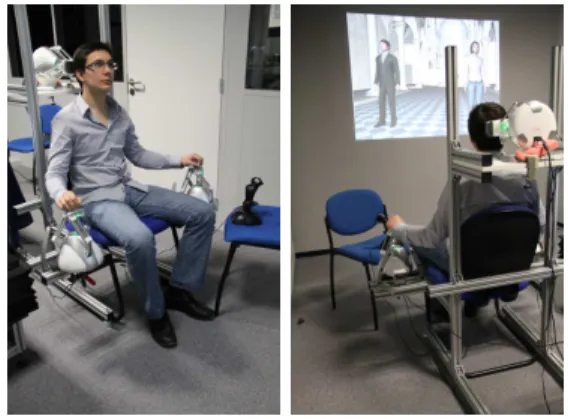 Figure 5: Experimental Setup, front view (left) and back view (right). The participant experiences haptic effects while watching a video.
