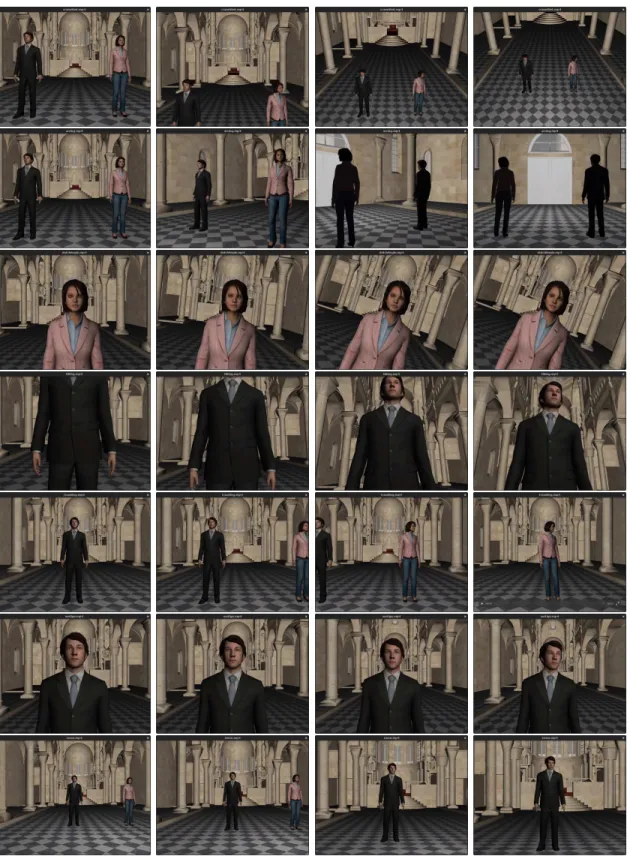 Figure 2: Screenshots of the sequences (from top to bottom: Crane Shot, Arcing, Dutch Angle, Tilting, Traveling, Vertigo and Zoom-in)