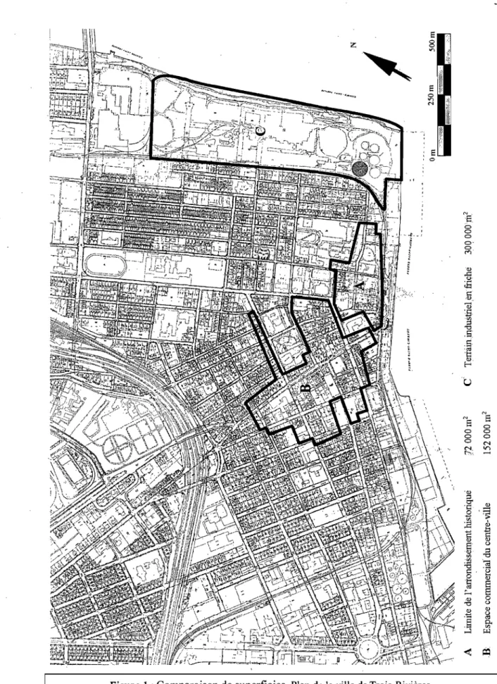 Figure  1 : Comparaison de superficies, Plan de la ville de Trois-Rivières,  Service d'urbanisme, 2007,  S