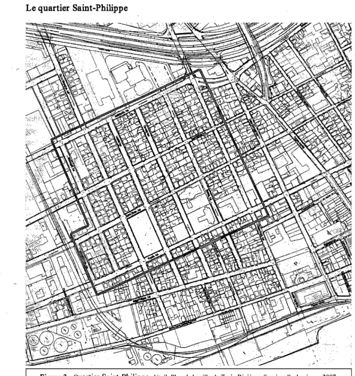 Figure  3 : Quartier Saint-Philippe,  détail, Plan de la:  ville de Trois-Rivières, Service d'urbanisme, 2007