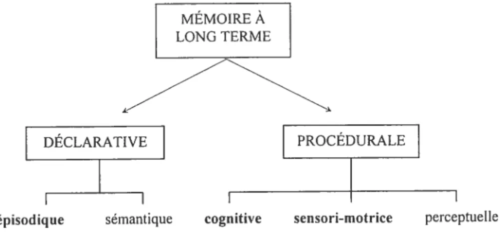 Figure 1. Typologie des types de mémoire à long terme adaptée de Squire (1987). Les composantes étudiées dans la présente thèse sont la mémoire déclarative épisodique ainsi que les mémoires procédurales cognitive et sensori-motrice.