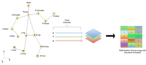 Figure 2. Organization of the 3D skeleton data structure into a three-channel image (RGB).