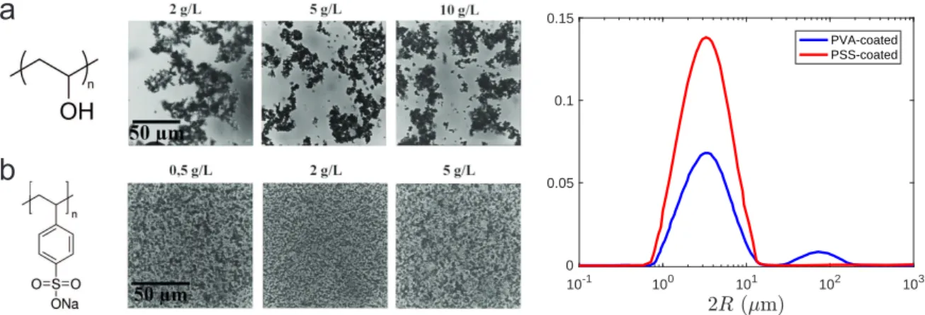 Figure 1 shows that PVA and PSS-based formulations behave quite differently. PVA leads to aggregated particles (which is barely different from native dispersion, with no coating), whereas PSS permits us to disperse quite perfectly the CaCO 3 particles