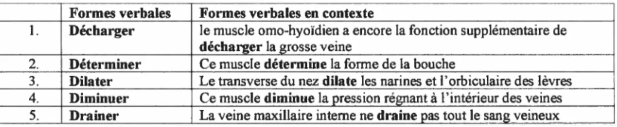 Figure 5 : formes verbales exprimant les fonctions des structures anatomiques (extrait de l’annexe 1)