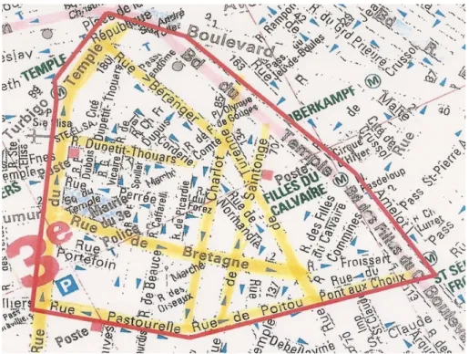 Figure 3. A map highlighting a “red zone” in a given neighborhood (© J. Denis &amp; D. Pontille)