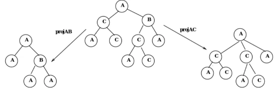Figure 3. un arbre de dérivation et ses projections sur {A,B} et {A,C}