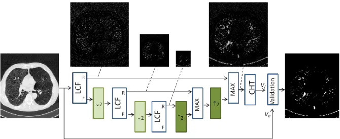 Fig 13. Multi-resolution VLCF filtering scheme applied to vascular detection. MAX denotes a re-composition block of the  filtering results at different resolutions using the supremum operator, CHT a contrast thresholding by hysteresis and ↓  ↑  correspond 