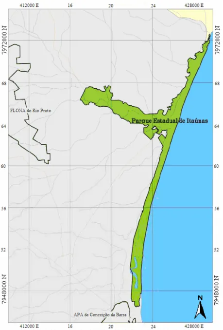 Figura 1: Mapa com os limites do Parque Estadual de Itaúnas. 
