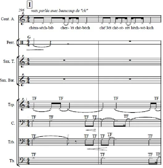 Fig. 5 : Zad Moultaka, Zajal, acte I, mes. 296-297, sons instrumentaux qui reproduisent  l’invitation au silence