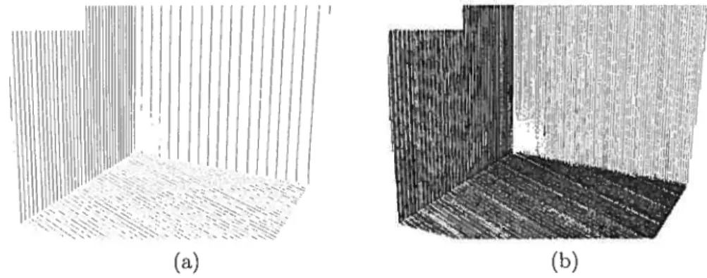 FIG. 3.6 — (a) Carte de correspondances de la caméra après une itération de recons truction; (b) carte de correspondances complétée après 7 itérations de reconstruction.