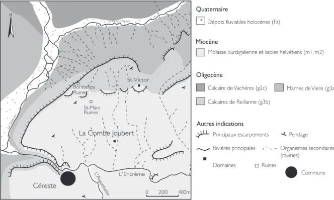 Fig. 2 : carte géologique et géomorphologique simplifiée du secteur étudié - Céreste/Bontemps/Combe Joubert.